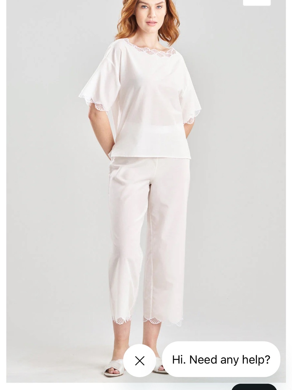 Natori Colette Cotton Silk White Lace Trim Pajama Set Sz XS